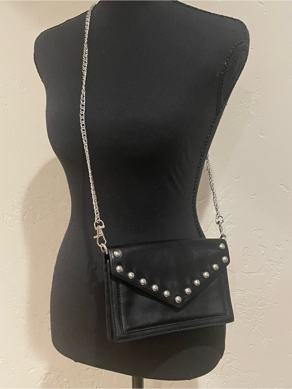 Rebecca Minkoff Black Studded Envelope Crossbody Bag & chain strap EUC MSRP $148
